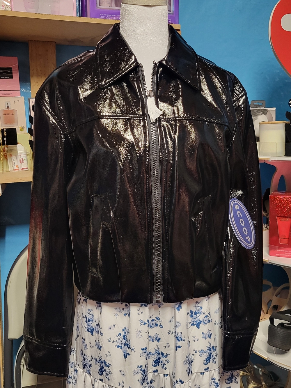 Black Shiny Zip-Front Jacket